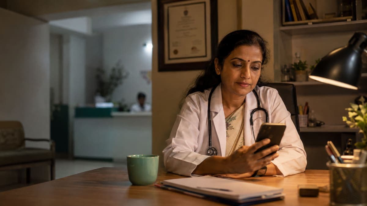 Indian doctor checking how patients find clinics on Google search at her clinic desk
