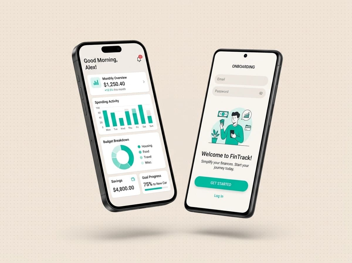 Two phone screens showing a custom mobile app built by Webknown with clean interface and teal accent colors