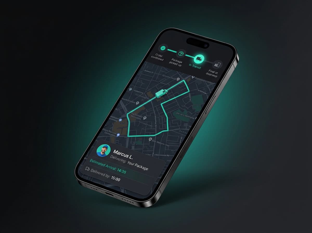 Phone showing a custom delivery tracking app built by Webknown, displaying a map and active route
