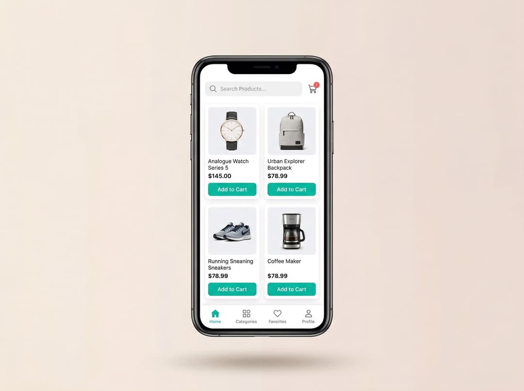 Phone showing an e-commerce shopping app with product grid and cart