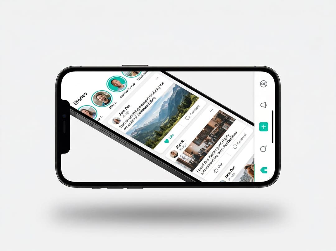 Phone showing a social community app with user feed and messaging features