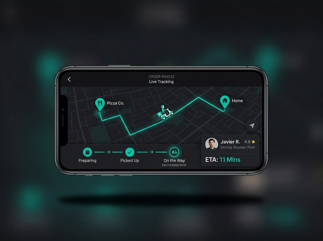Phone showing a delivery tracking app with map and real-time driver location