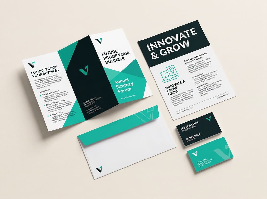 Business cards, brochures, and flyer designs arranged on a flat surface