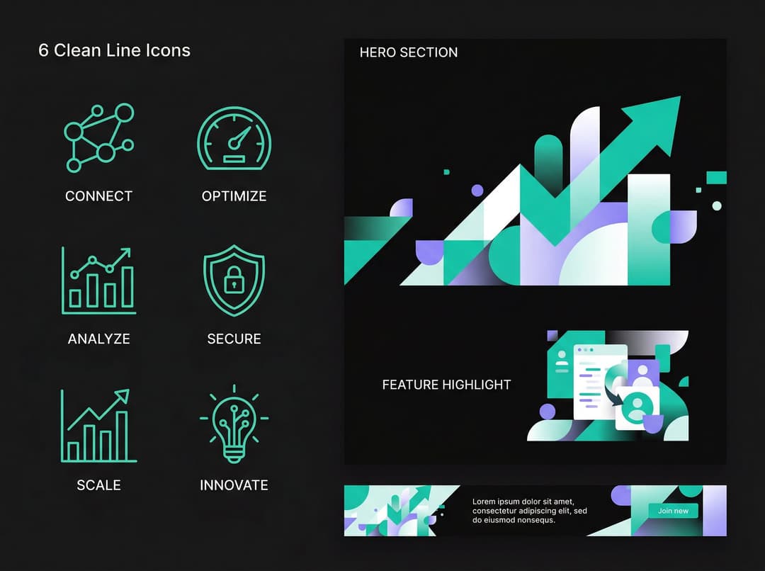 Custom website graphics including icons, hero illustrations, and UI elements