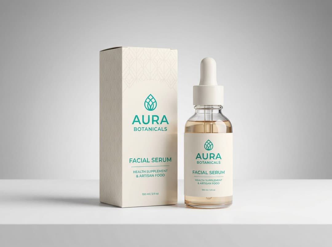 Product packaging design showing branded box and label with clean modern graphics