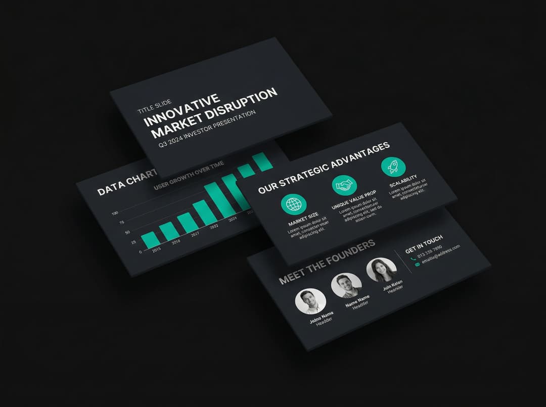 Professional pitch deck slides with clean layout, data charts, and brand visuals