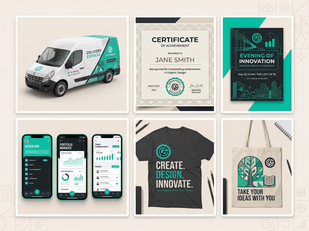 Collection of various graphic design projects including event graphics and merchandise