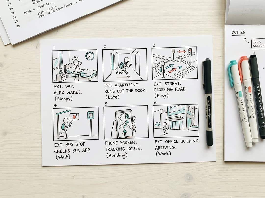 Professional storyboard sketches and script documents for video production