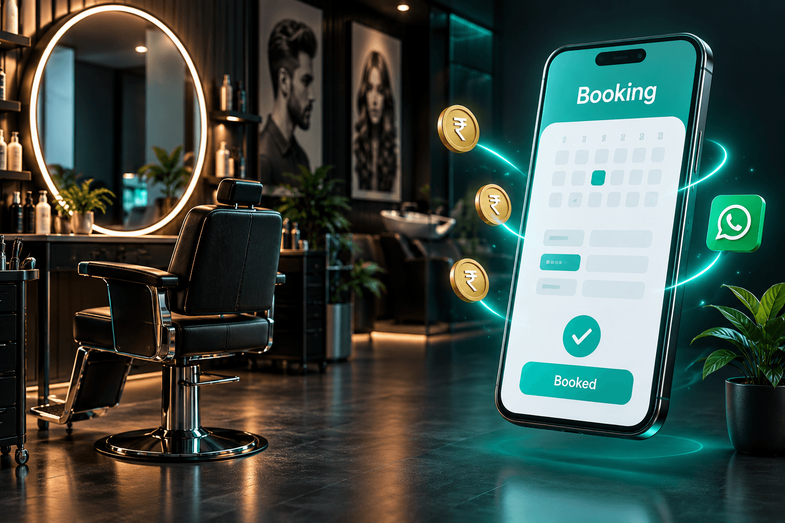 Website for salons in India shown as a salon chair beside a phone with an online booking calendar.